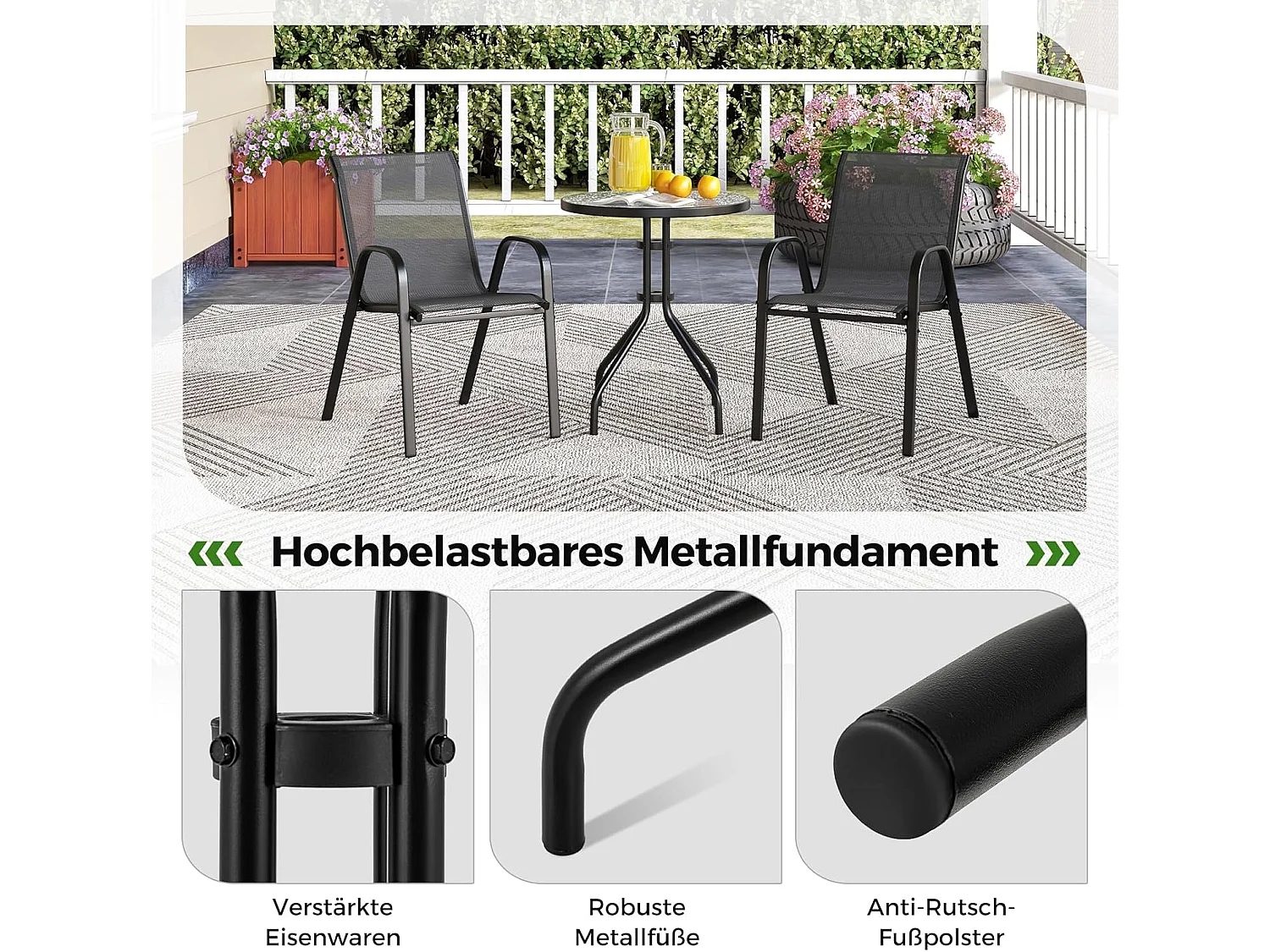 3-delige balkonmeubelset, bistrotafel met 2 stapelbare stoelen, balkonset, bistroset, tuinset, tuingereedschap, tuinmeubelen, zitgroep voor tuin, balkon ZB33833