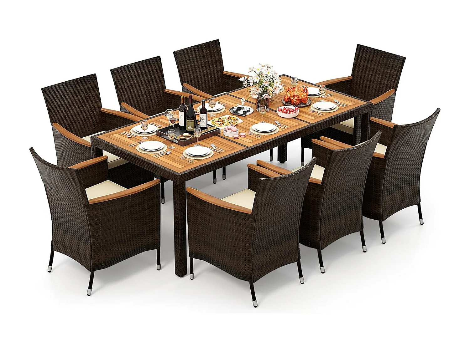 9-delige rotan zitgroep voor 8 personen, tuinmeubelen, polyrotan, tuintafel met stapelbare stoelen en acacia-tafelblad,zitmeubel, eetgroep, outdoor, bruin