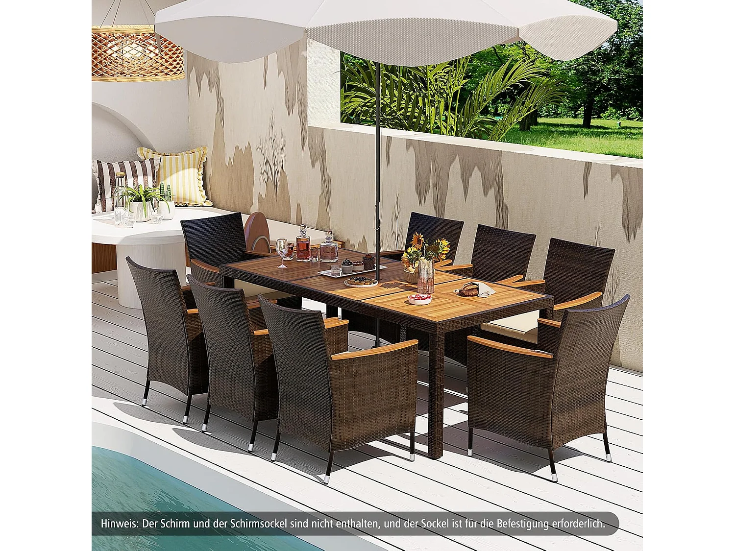 9-delige rotan zitgroep voor 8 personen, tuinmeubelen, polyrotan, tuintafel met stapelbare stoelen en acacia-tafelblad,zitmeubel, eetgroep, outdoor, bruin