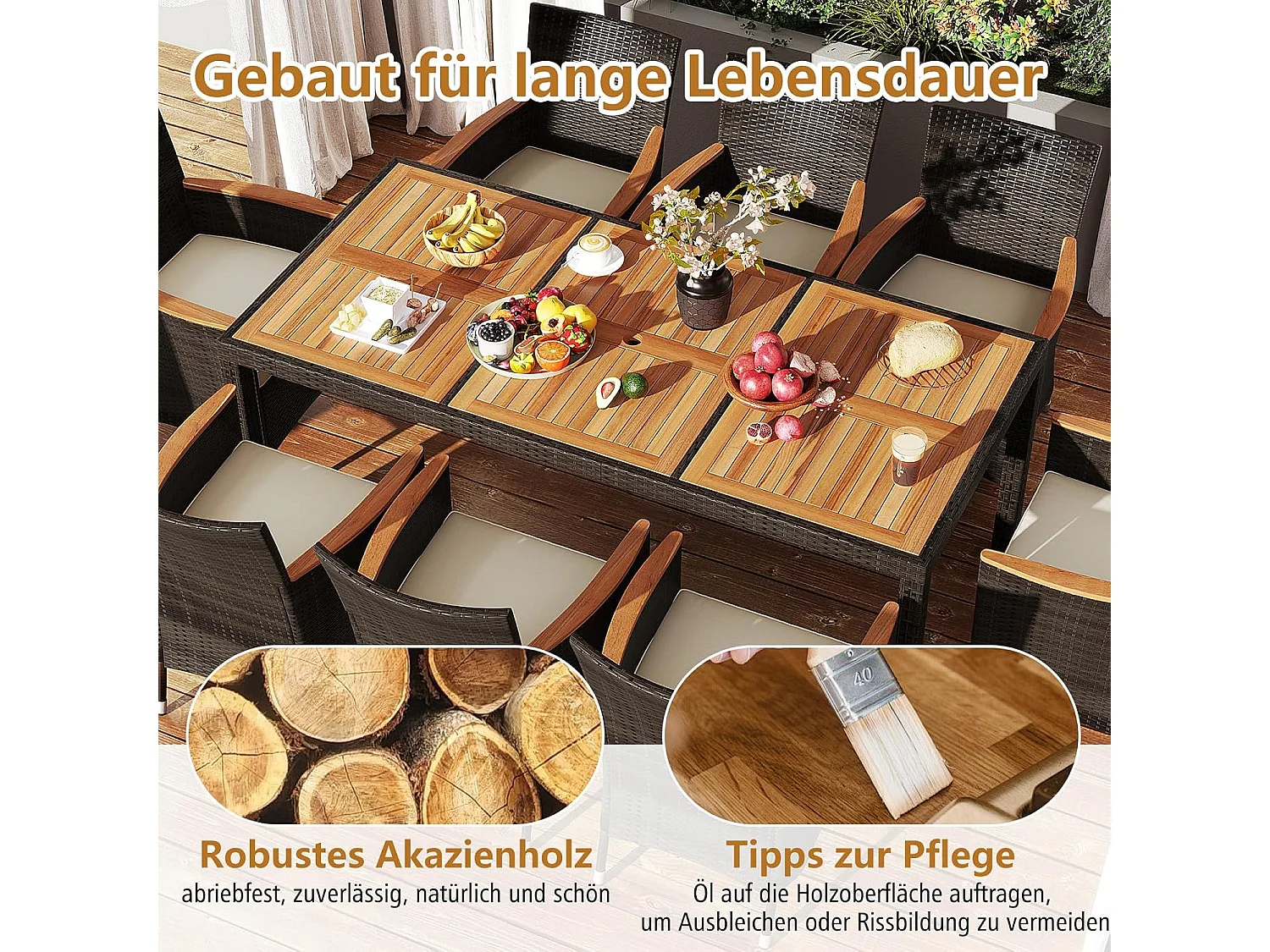 9-delige rotan zitgroep voor 8 personen, tuinmeubelen, polyrotan, tuintafel met stapelbare stoelen en acacia-tafelblad,zitmeubel, eetgroep, outdoor, bruin