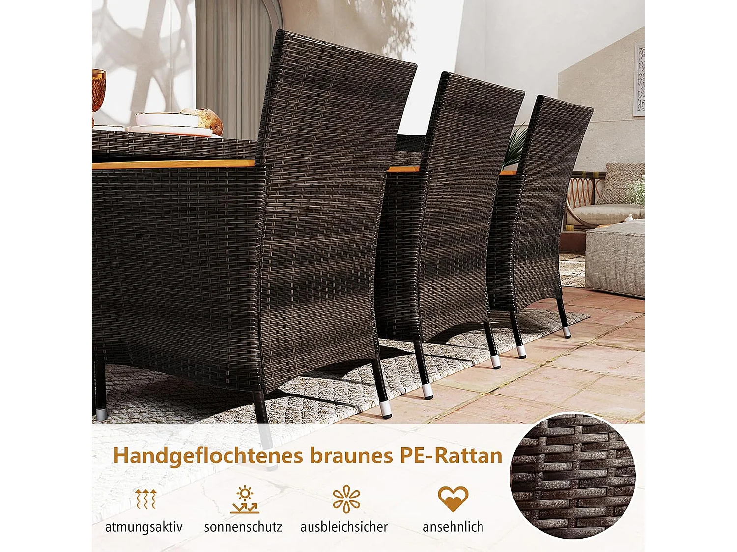 9-delige rotan zitgroep voor 8 personen, tuinmeubelen, polyrotan, tuintafel met stapelbare stoelen en acacia-tafelblad,zitmeubel, eetgroep, outdoor, bruin