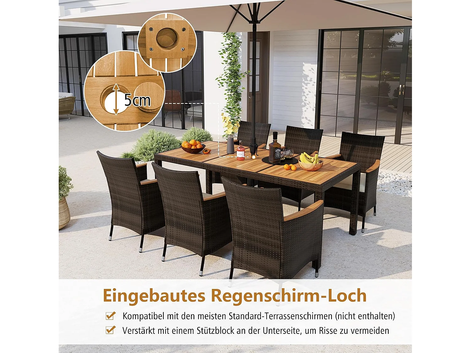 9-delige rotan zitgroep voor 8 personen, tuinmeubelen, polyrotan, tuintafel met stapelbare stoelen en acacia-tafelblad,zitmeubel, eetgroep, outdoor, bruin