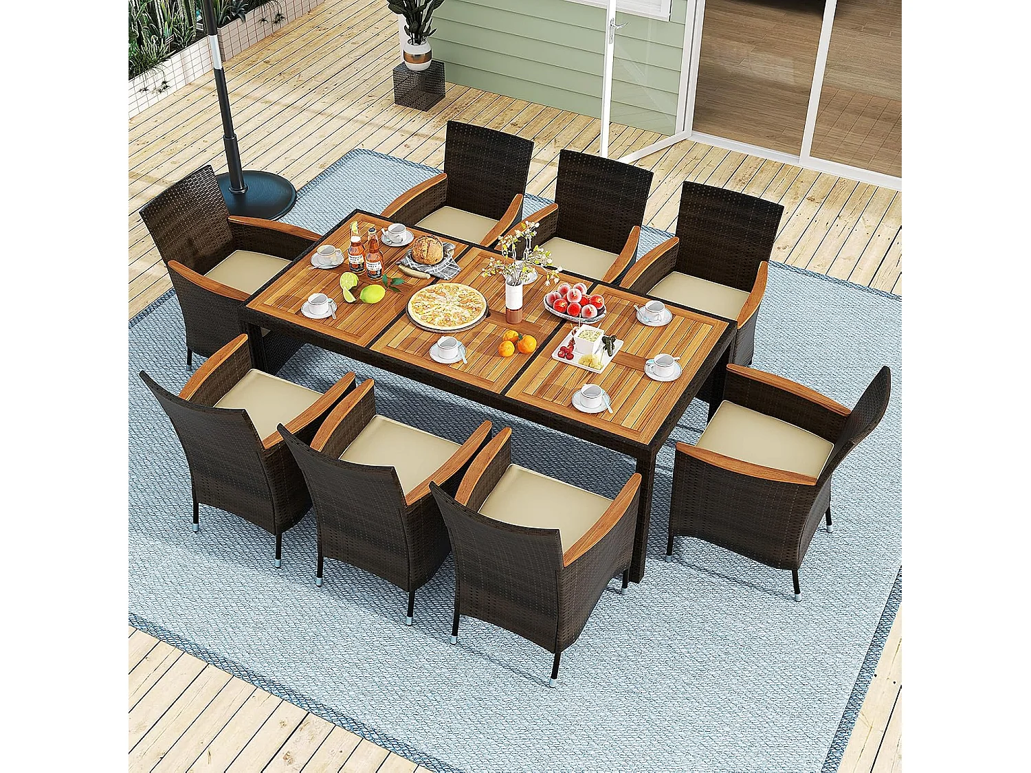 9-delige rotan zitgroep voor 8 personen, tuinmeubelen, polyrotan, tuintafel met stapelbare stoelen en acacia-tafelblad,zitmeubel, eetgroep, outdoor, bruin