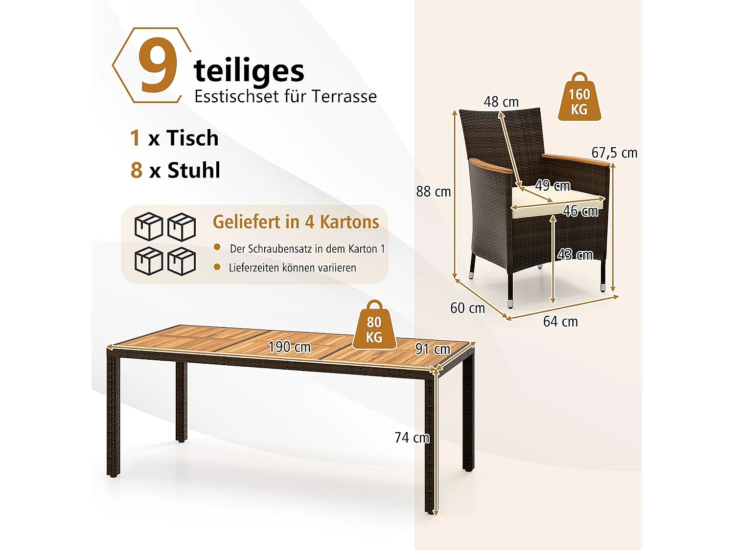 9-delige rotan zitgroep voor 8 personen, tuinmeubelen, polyrotan, tuintafel met stapelbare stoelen en acacia-tafelblad,zitmeubel, eetgroep, outdoor, bruin