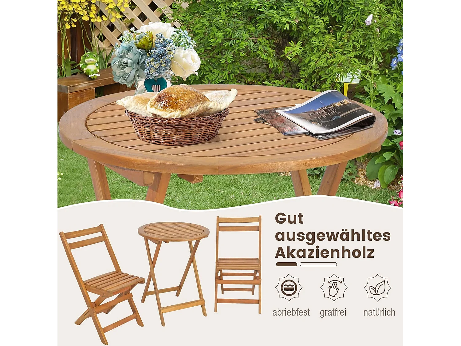 3-delige bistroset inklapbaar, 2 tuinstoelen en bijzettafel, acaciahout, balkonset, zitmeubel, tuinset, zitgroep, tuinmeubelen voor tuin, balkon