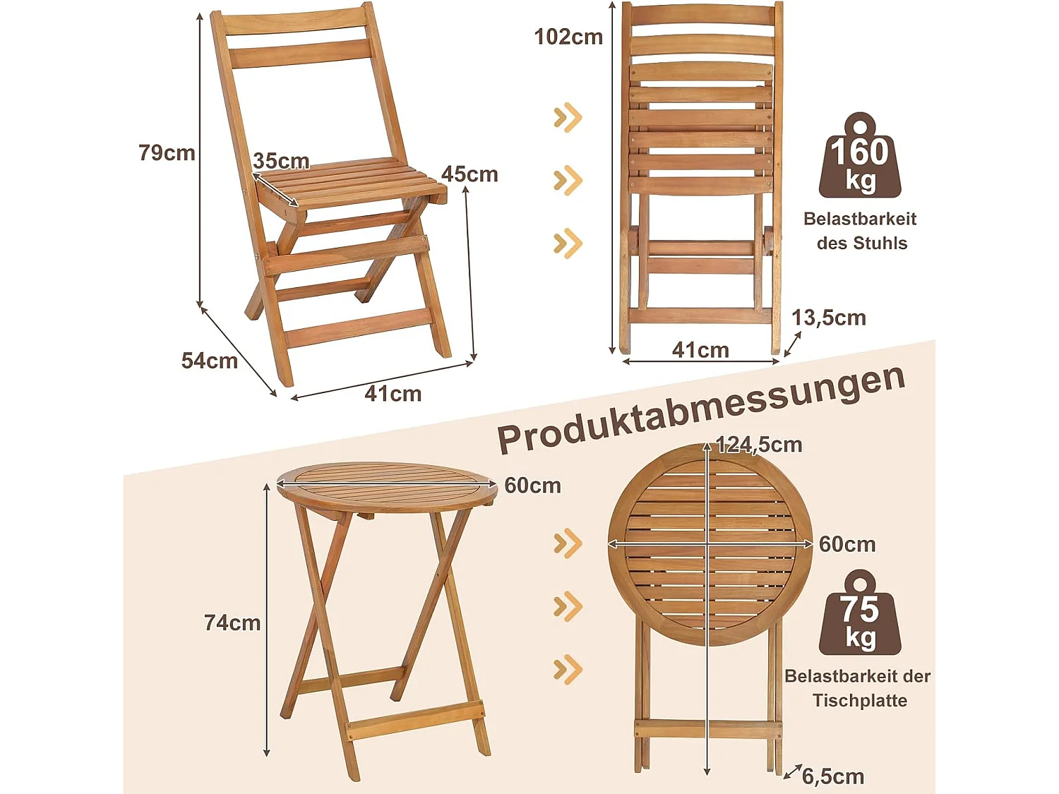 3-delige bistroset inklapbaar, 2 tuinstoelen en bijzettafel, acaciahout, balkonset, zitmeubel, tuinset, zitgroep, tuinmeubelen voor tuin, balkon