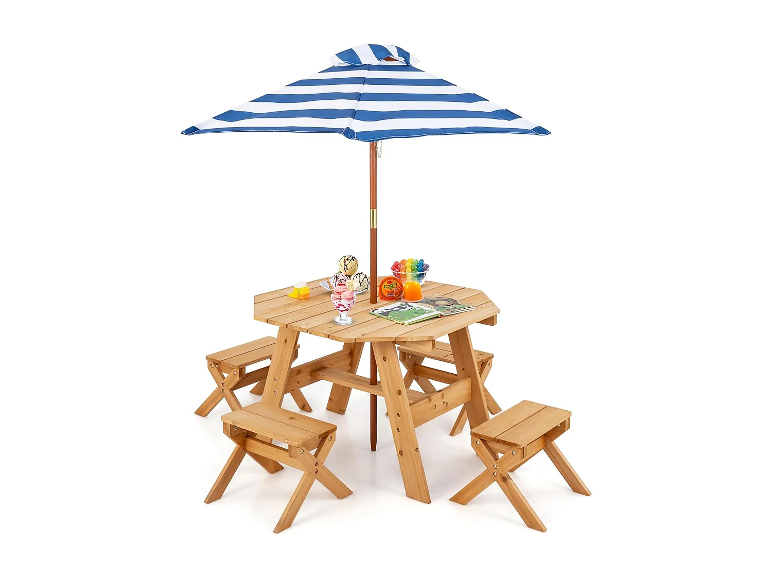 Kinderzitgroep voor buiten, picknicktafel met 4 stoelen en parasol, houten zitset, zitgroep, tuinmeubelen voor tuin, achtertuin, terras (natuur)ZB33044