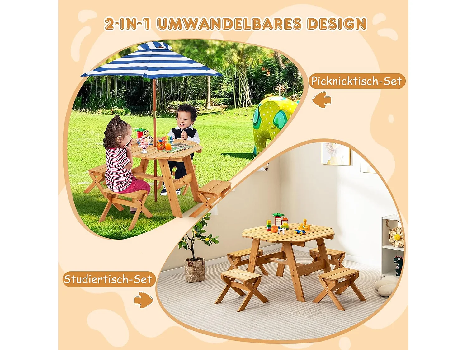 Kinderzitgroep voor buiten, picknicktafel met 4 stoelen en parasol, houten zitset, zitgroep, tuinmeubelen voor tuin, achtertuin, terras (natuur)ZB33044