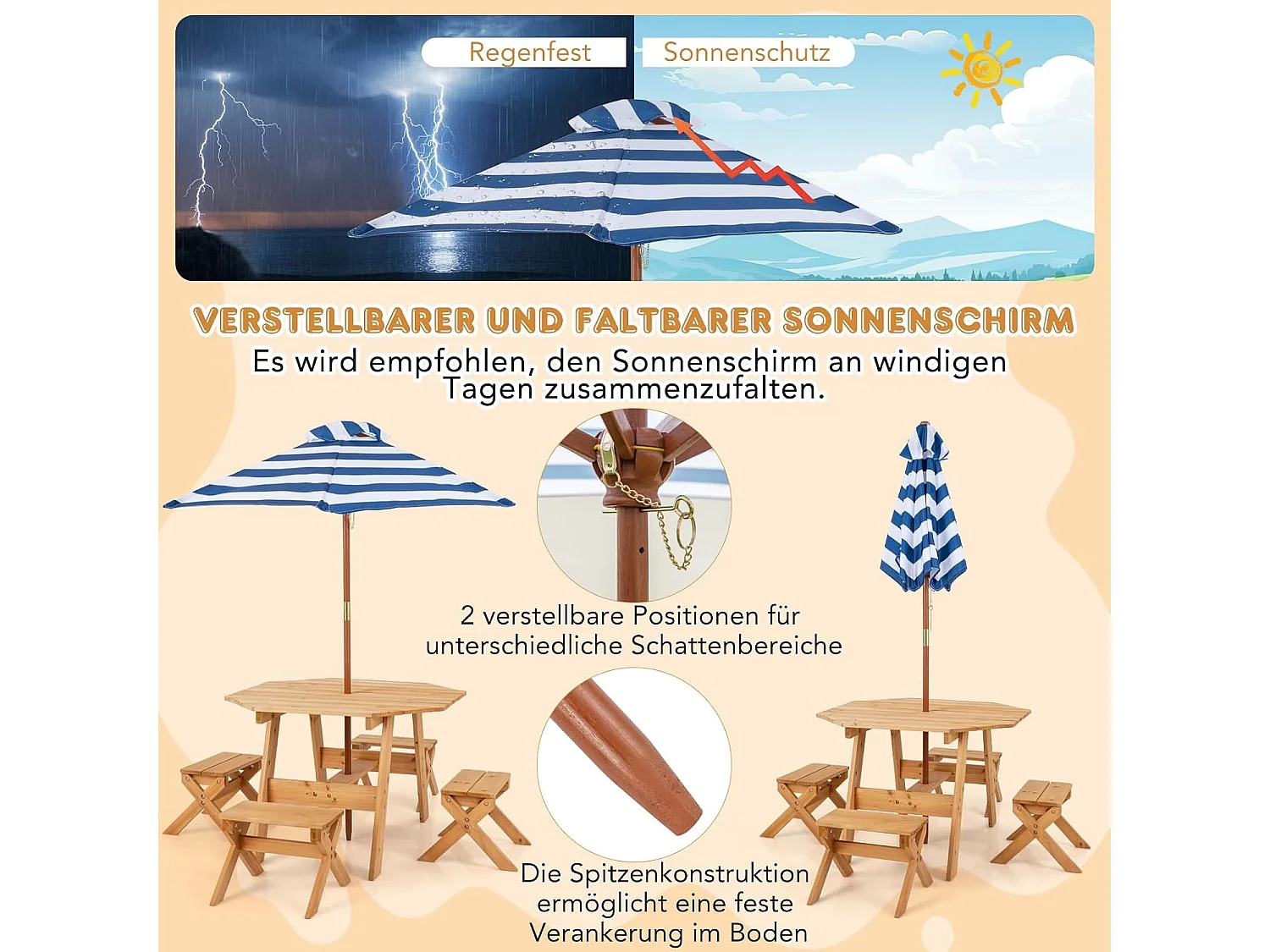 Kinderzitgroep voor buiten, picknicktafel met 4 stoelen en parasol, houten zitset, zitgroep, tuinmeubelen voor tuin, achtertuin, terras (natuur)ZB33044