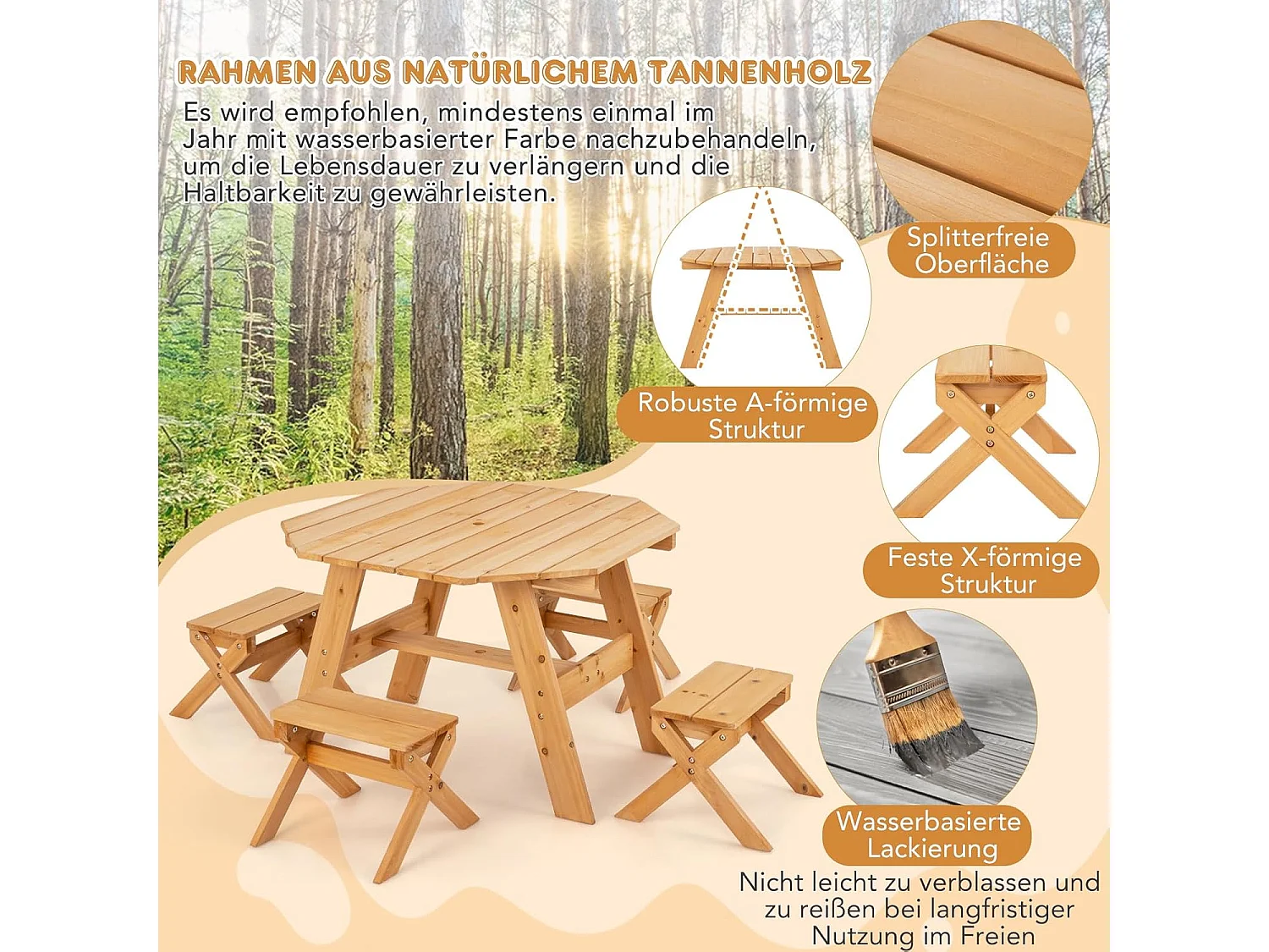 Kinderzitgroep voor buiten, picknicktafel met 4 stoelen en parasol, houten zitset, zitgroep, tuinmeubelen voor tuin, achtertuin, terras (natuur)ZB33044