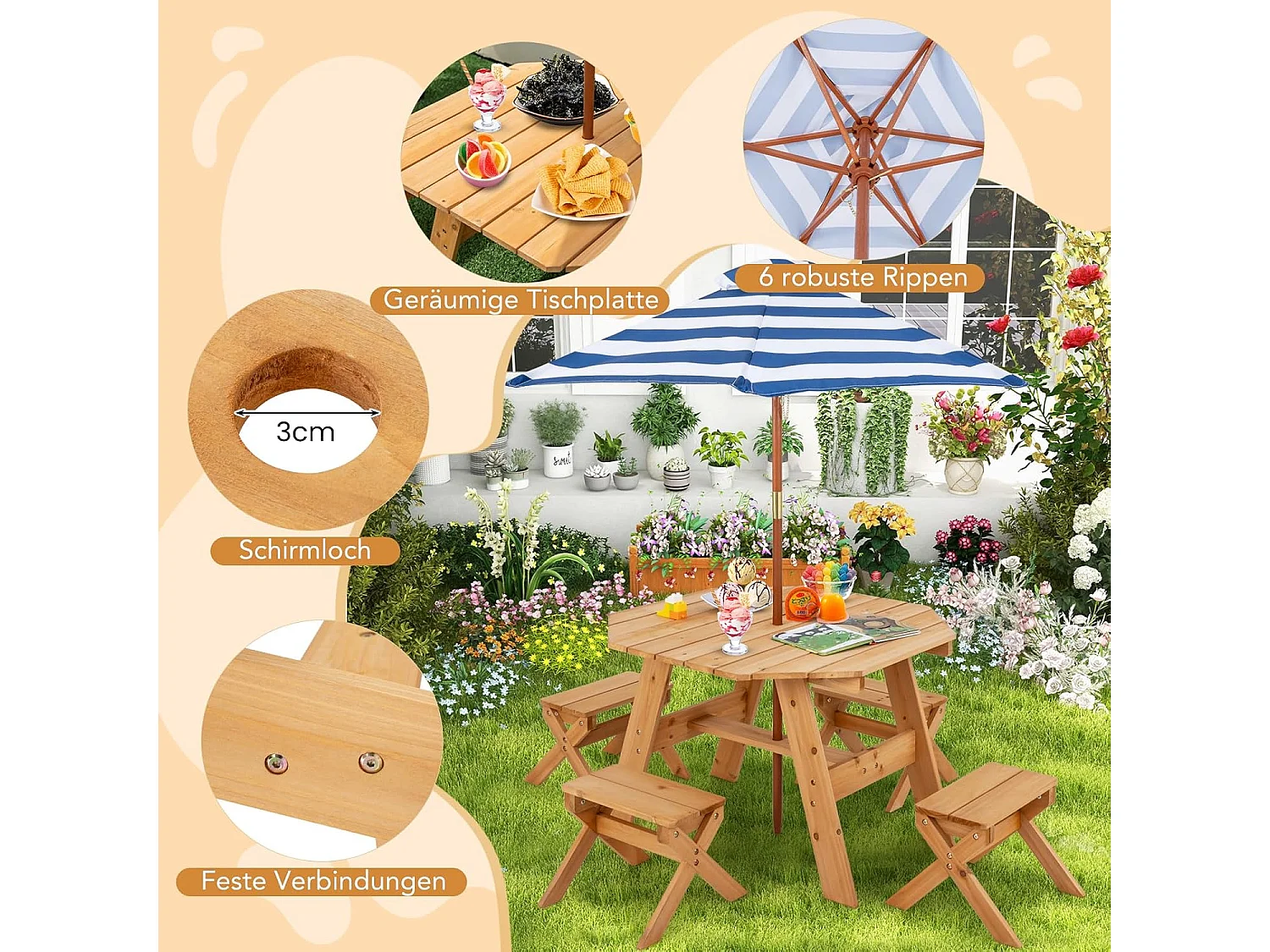 Kinderzitgroep voor buiten, picknicktafel met 4 stoelen en parasol, houten zitset, zitgroep, tuinmeubelen voor tuin, achtertuin, terras (natuur)ZB33044