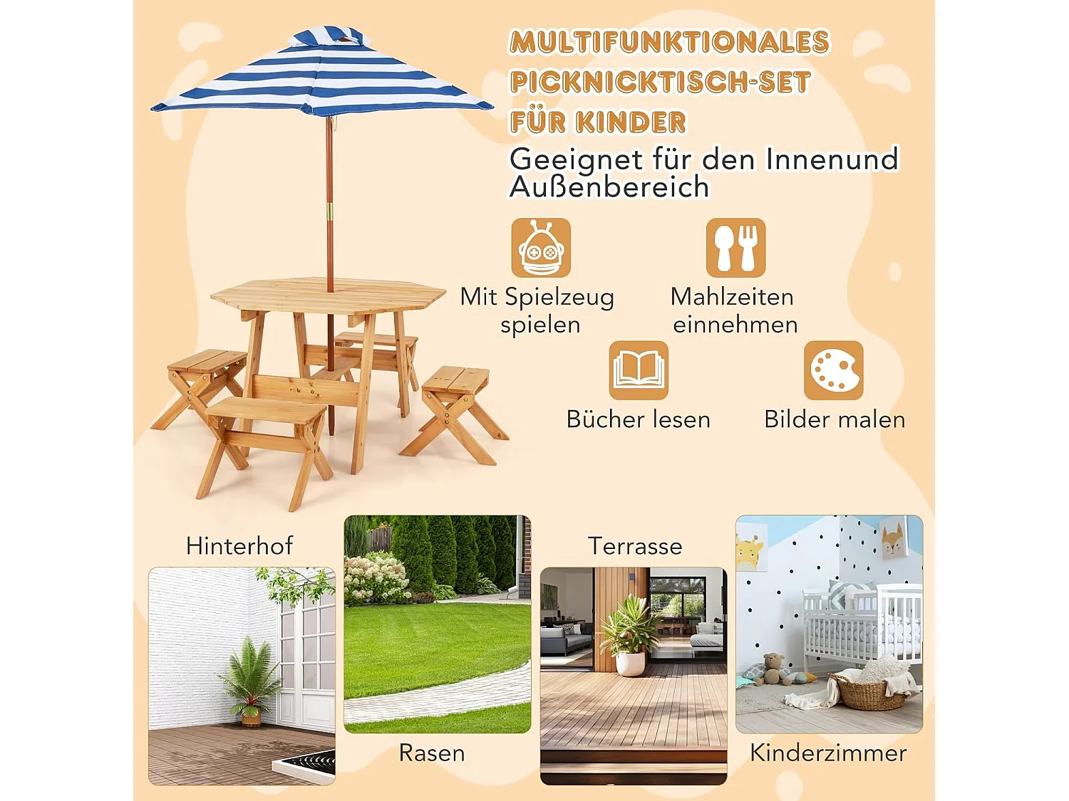 Kinderzitgroep voor buiten, picknicktafel met 4 stoelen en parasol, houten zitset, zitgroep, tuinmeubelen voor tuin, achtertuin, terras (natuur)ZB33044
