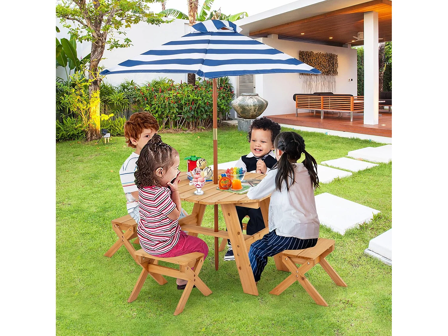Kinderzitgroep voor buiten, picknicktafel met 4 stoelen en parasol, houten zitset, zitgroep, tuinmeubelen voor tuin, achtertuin, terras (natuur)ZB33044