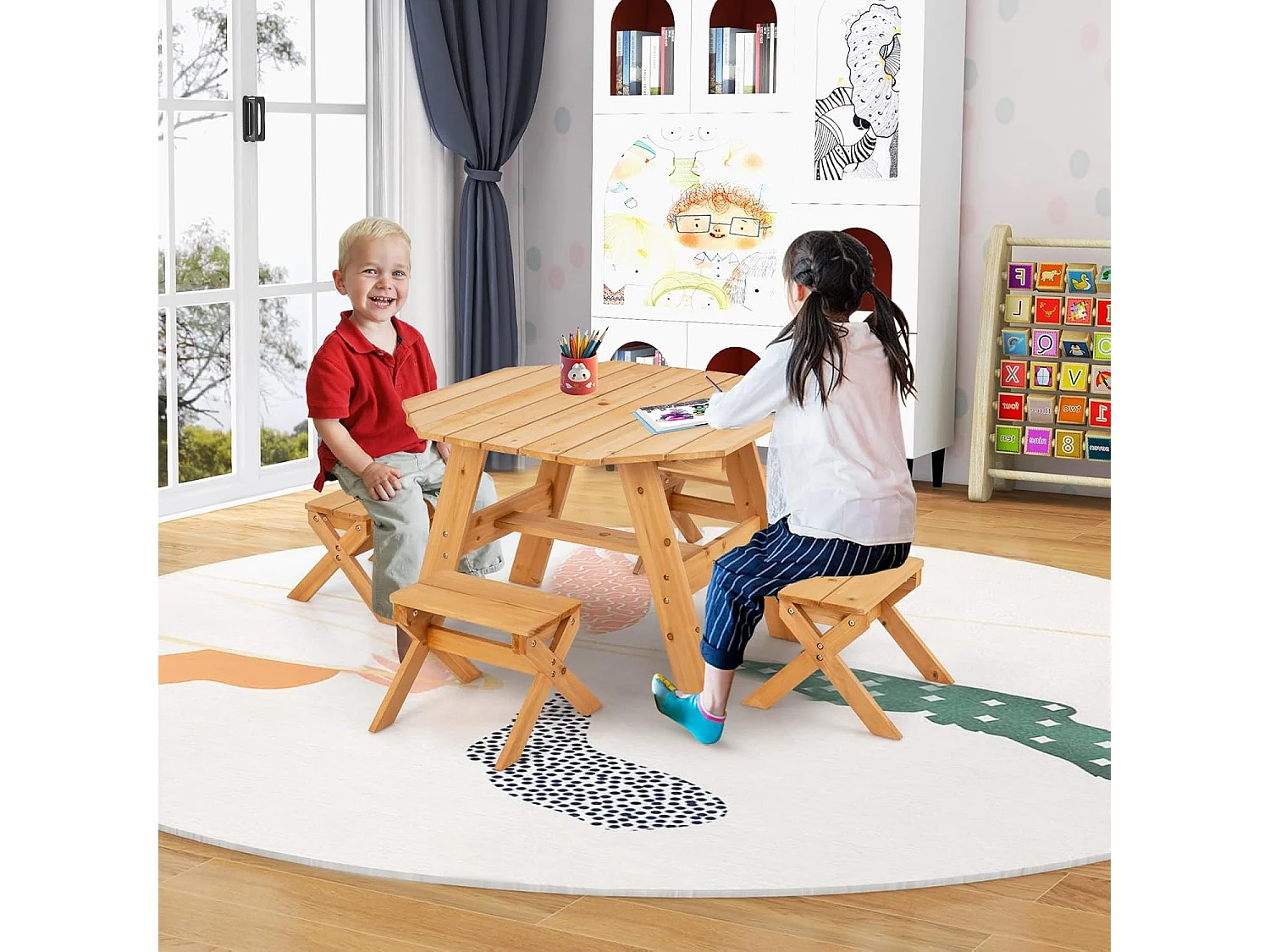 Kinderzitgroep voor buiten, picknicktafel met 4 stoelen en parasol, houten zitset, zitgroep, tuinmeubelen voor tuin, achtertuin, terras (natuur)ZB33044