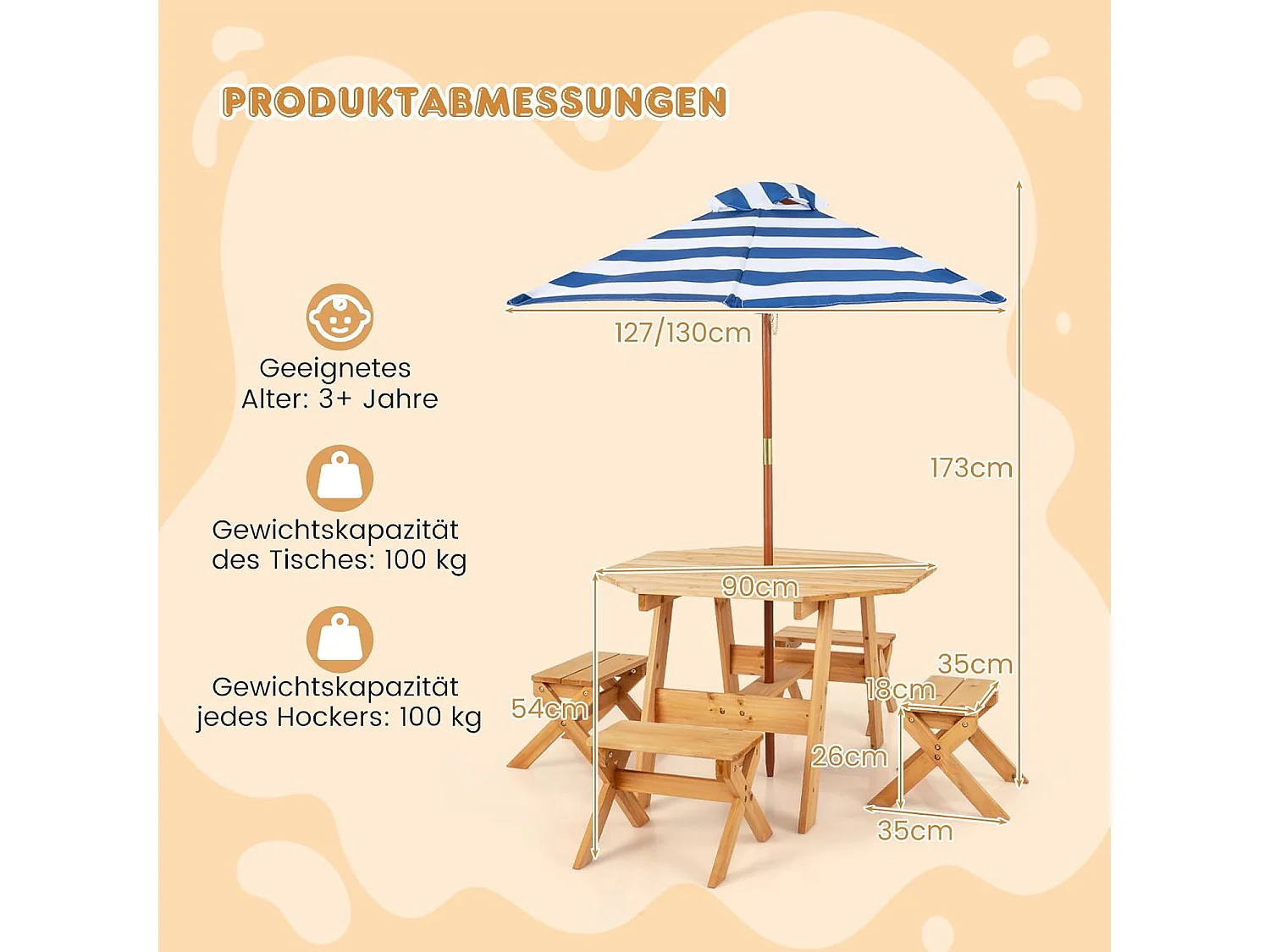 Kinderzitgroep voor buiten, picknicktafel met 4 stoelen en parasol, houten zitset, zitgroep, tuinmeubelen voor tuin, achtertuin, terras (natuur)ZB33044