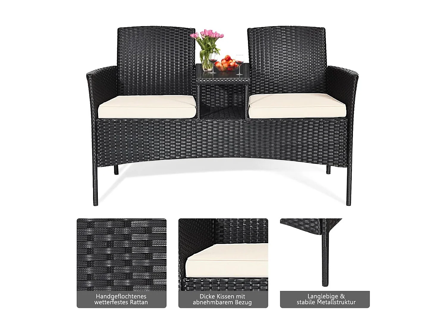 Polyrotan tuinbank, 2-zits tuinmeubelset met tafel en kussens, 138 x 61 x 85 cm, rotan zitbank, weerbestendig, balkonmeubels voor tuin, balkon (wit)TI85456