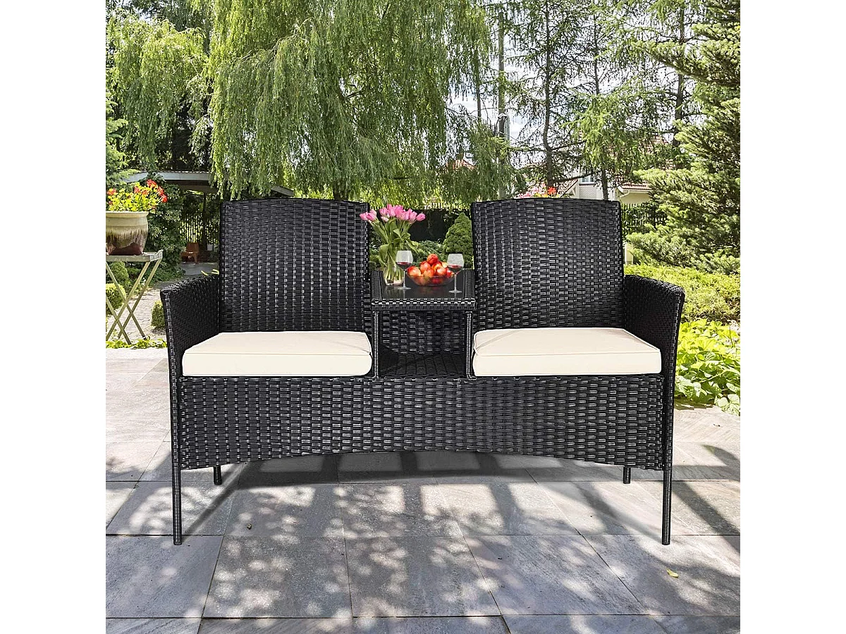 Polyrotan tuinbank, 2-zits tuinmeubelset met tafel en kussens, 138 x 61 x 85 cm, rotan zitbank, weerbestendig, balkonmeubels voor tuin, balkon (wit)TI85456