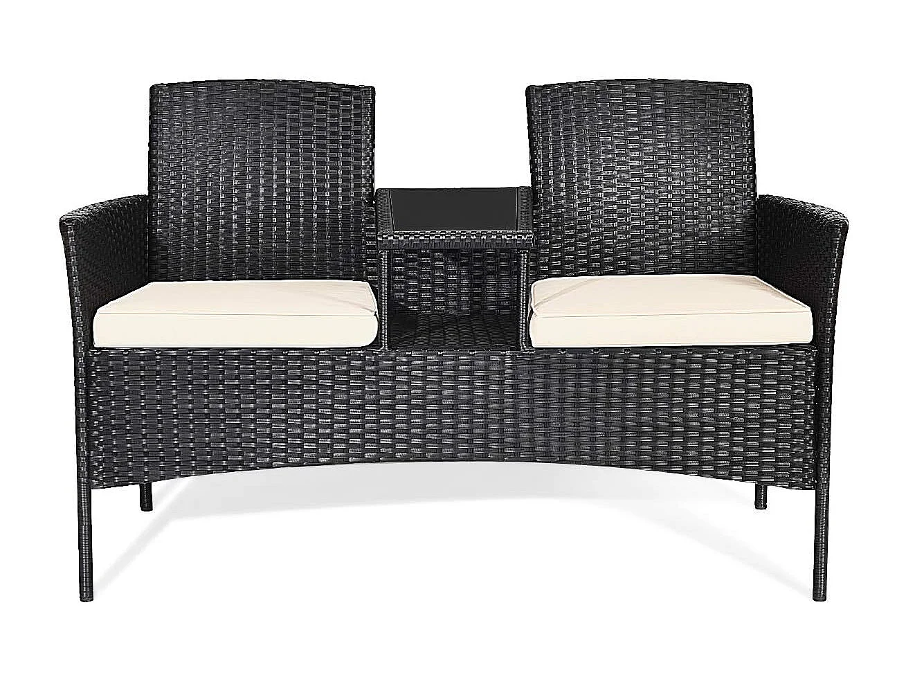 Polyrotan tuinbank, 2-zits tuinmeubelset met tafel en kussens, 138 x 61 x 85 cm, rotan zitbank, weerbestendig, balkonmeubels voor tuin, balkon (wit)TI85456