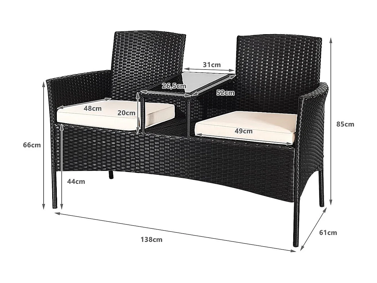 Polyrotan tuinbank, 2-zits tuinmeubelset met tafel en kussens, 138 x 61 x 85 cm, rotan zitbank, weerbestendig, balkonmeubels voor tuin, balkon (wit)TI85456