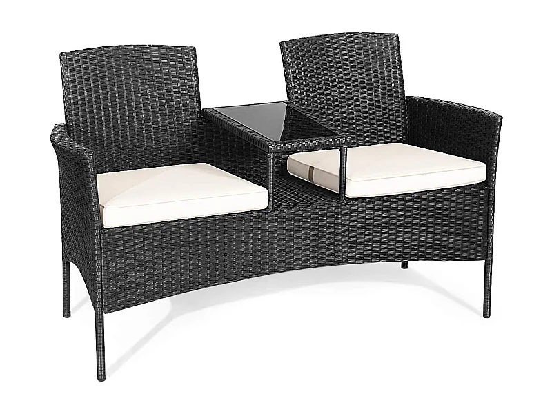 Polyrotan tuinbank, 2-zits tuinmeubelset met tafel en kussens, 138 x 61 x 85 cm, rotan zitbank, weerbestendig, balkonmeubels voor tuin, balkon (wit)TI85456