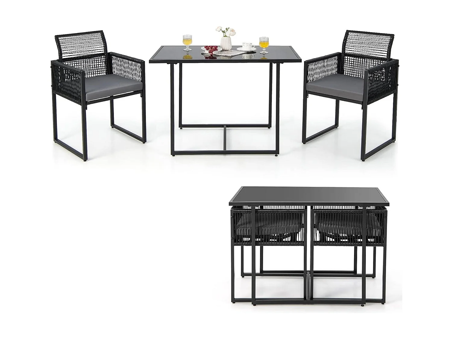 3-delige tuintafelset met 2 rotan tuinstoelen,bistroset incl.zitkussens,tuingarnituur,balkonset, ruimtebesparend, terrasmeubel, zitgroep voor balkon en tuinTI93877