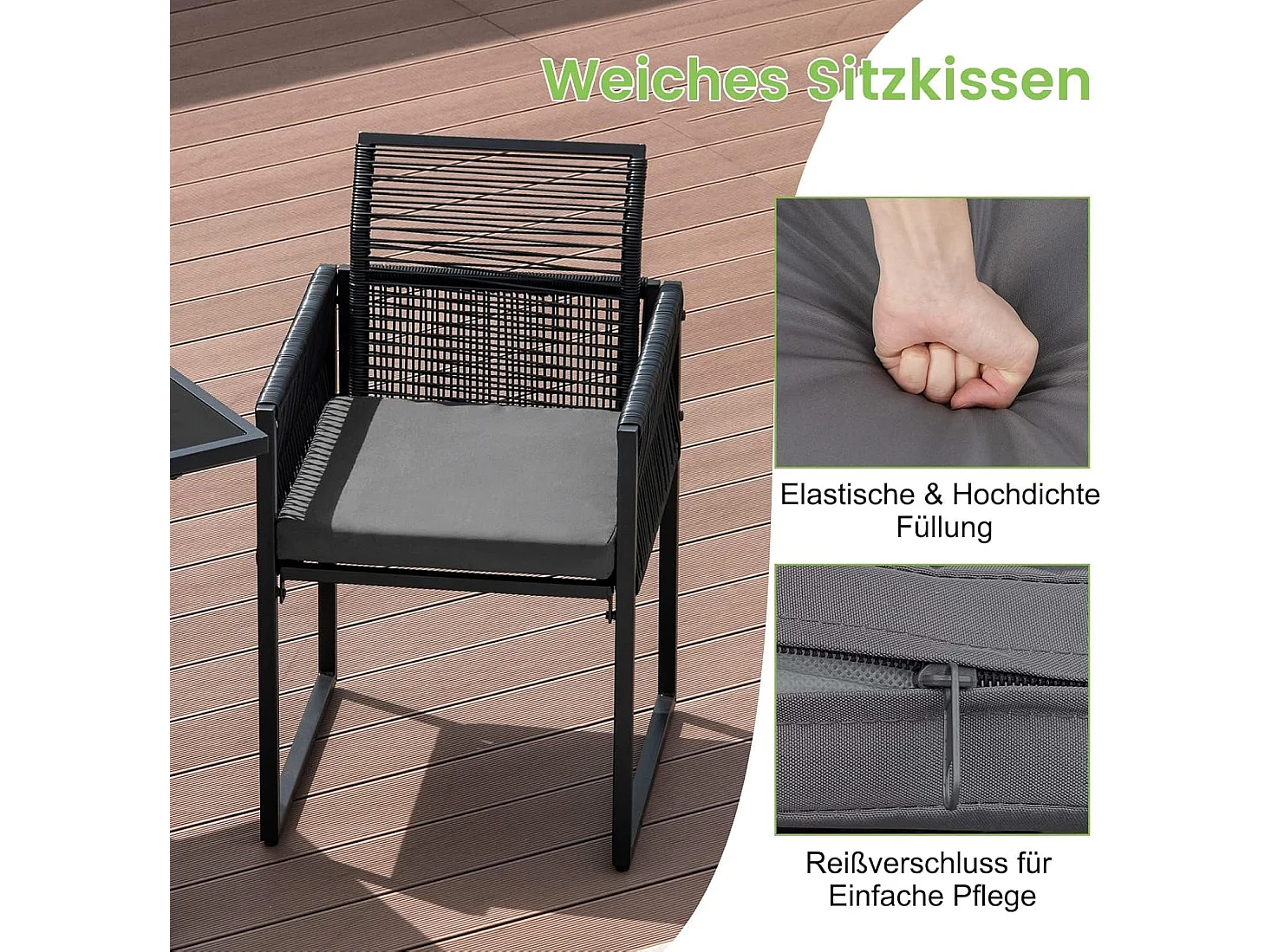 3-delige tuintafelset met 2 rotan tuinstoelen,bistroset incl.zitkussens,tuingarnituur,balkonset, ruimtebesparend, terrasmeubel, zitgroep voor balkon en tuinTI93877