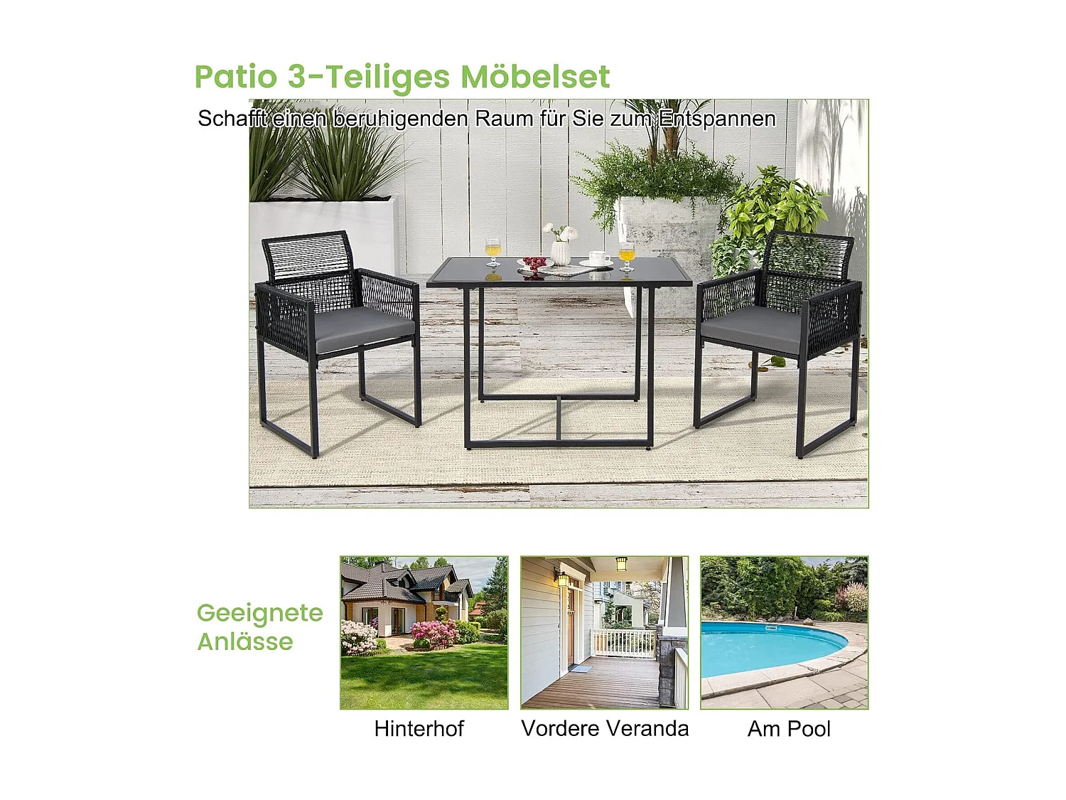 3-delige tuintafelset met 2 rotan tuinstoelen,bistroset incl.zitkussens,tuingarnituur,balkonset, ruimtebesparend, terrasmeubel, zitgroep voor balkon en tuinTI93877