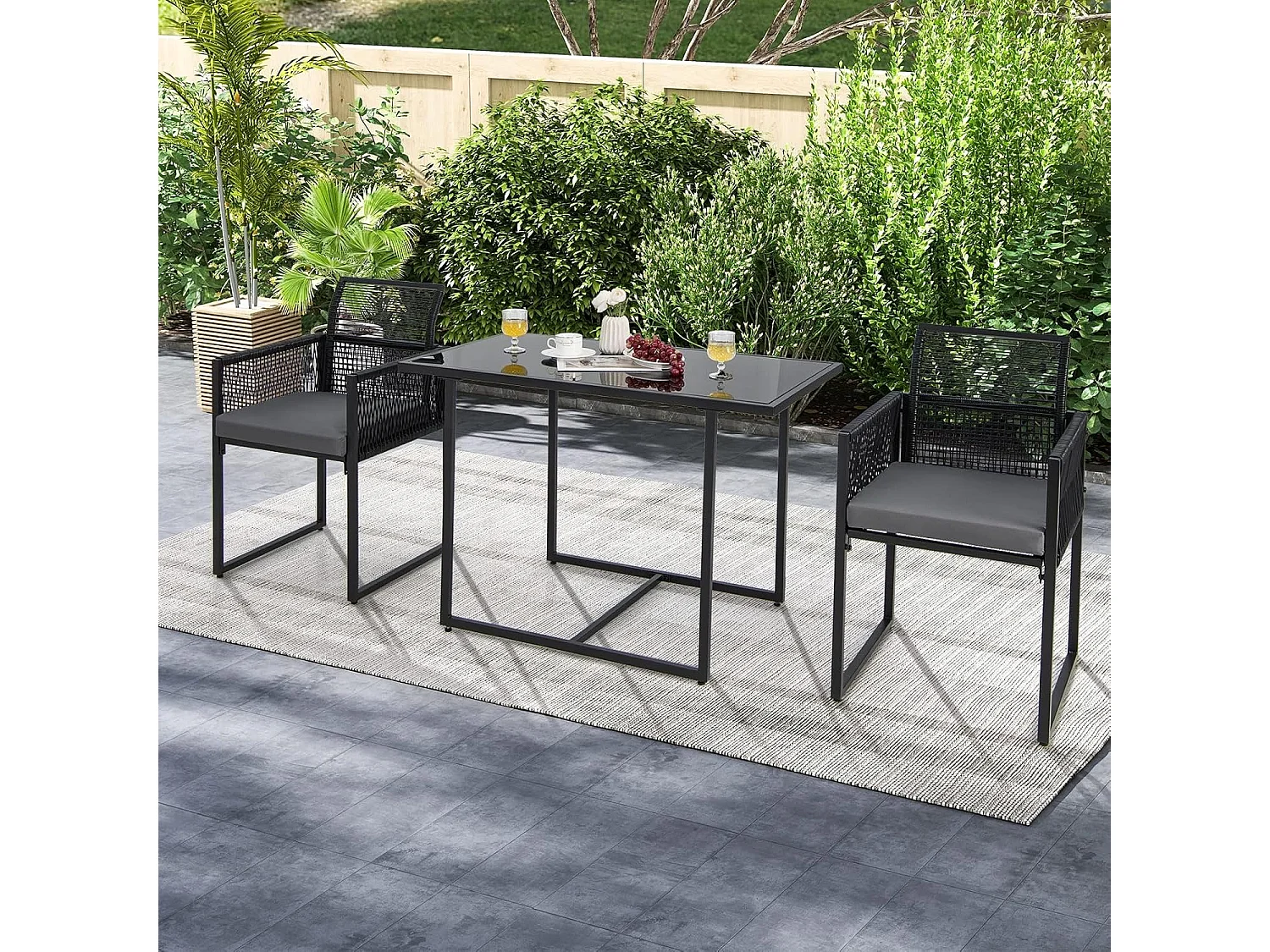 3-delige tuintafelset met 2 rotan tuinstoelen,bistroset incl.zitkussens,tuingarnituur,balkonset, ruimtebesparend, terrasmeubel, zitgroep voor balkon en tuinTI93877