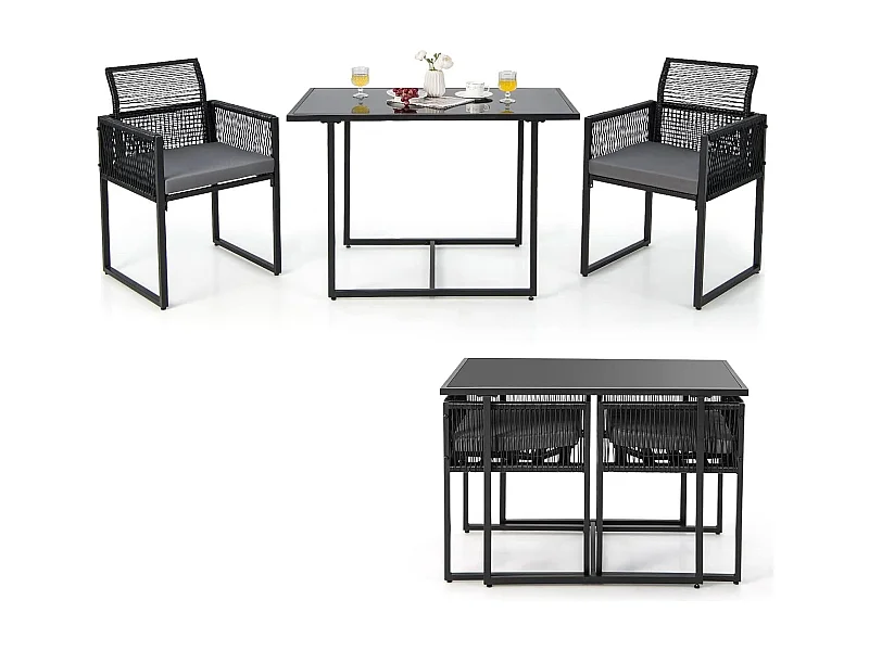 3-delige tuintafelset met 2 rotan tuinstoelen,bistroset incl.zitkussens,tuingarnituur,balkonset, ruimtebesparend, terrasmeubel, zitgroep voor balkon en tuinTI93877