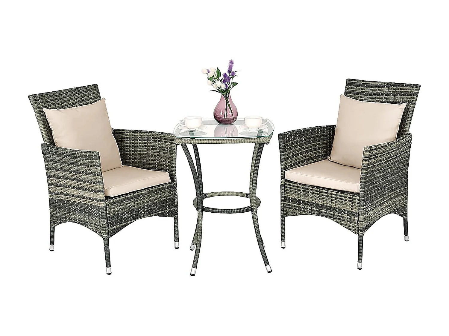 3-delige polyrotan tuinmeubelen met glazen tafel en kussens, rotan meubelen zitgroep, tuinset rotan, zitgarnituur balkonset, terrasset tuingarnituur, grijsTI92179