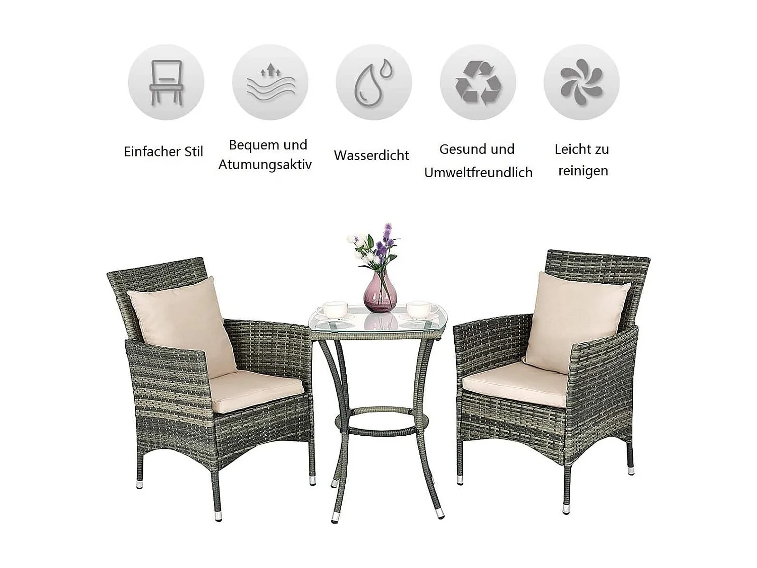 3-delige polyrotan tuinmeubelen met glazen tafel en kussens, rotan meubelen zitgroep, tuinset rotan, zitgarnituur balkonset, terrasset tuingarnituur, grijsTI92179