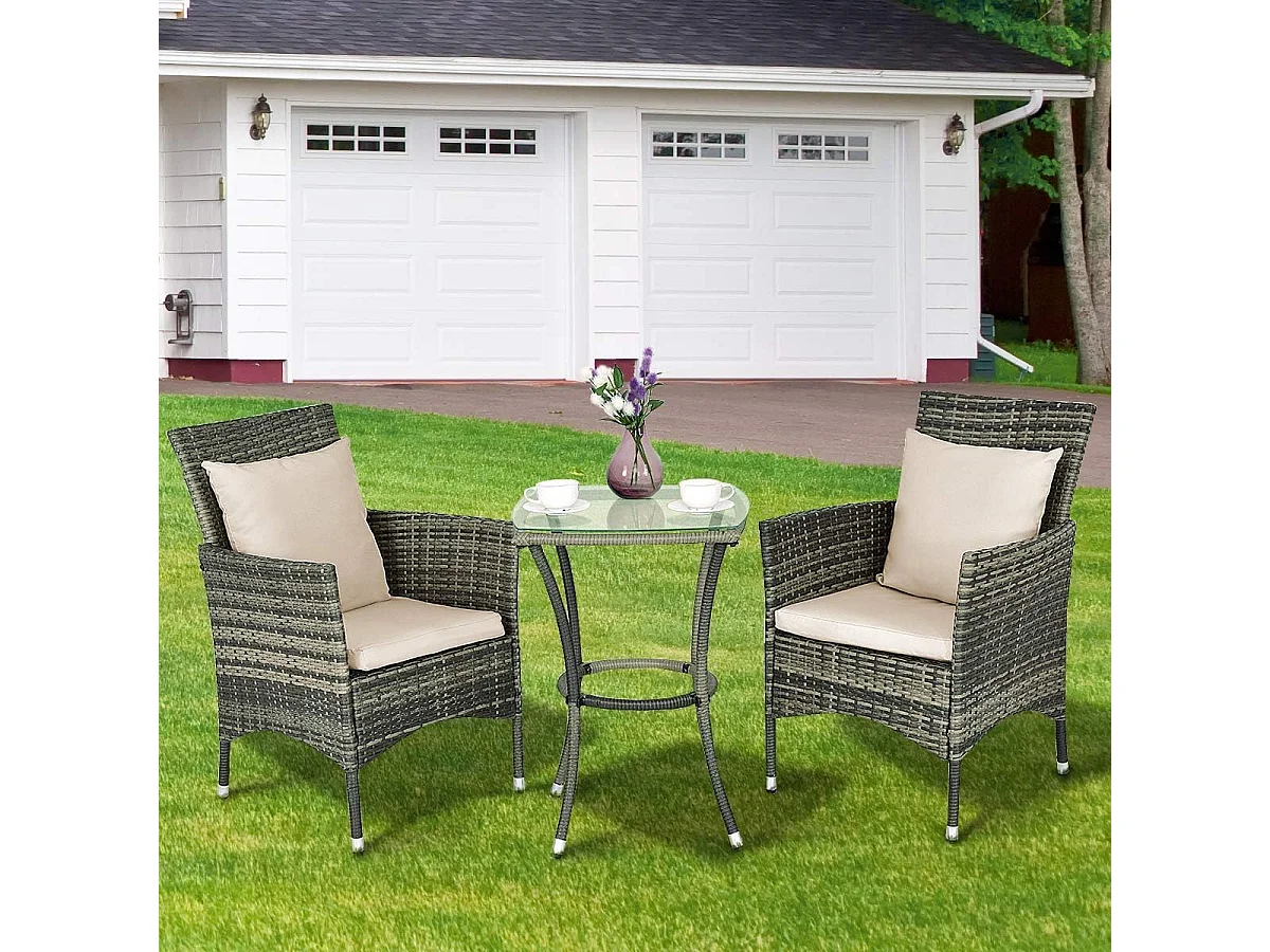 3-delige polyrotan tuinmeubelen met glazen tafel en kussens, rotan meubelen zitgroep, tuinset rotan, zitgarnituur balkonset, terrasset tuingarnituur, grijsTI92179