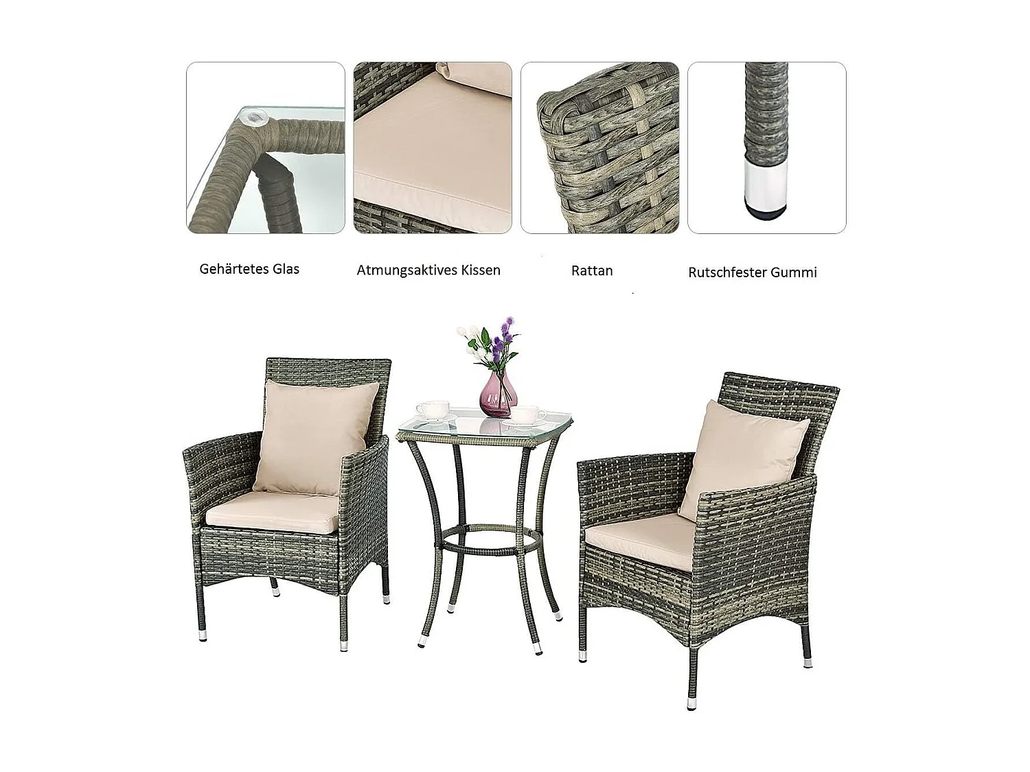 3-delige polyrotan tuinmeubelen met glazen tafel en kussens, rotan meubelen zitgroep, tuinset rotan, zitgarnituur balkonset, terrasset tuingarnituur, grijsTI92179