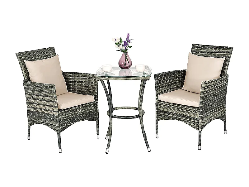3-delige polyrotan tuinmeubelen met glazen tafel en kussens, rotan meubelen zitgroep, tuinset rotan, zitgarnituur balkonset, terrasset tuingarnituur, grijsTI92179