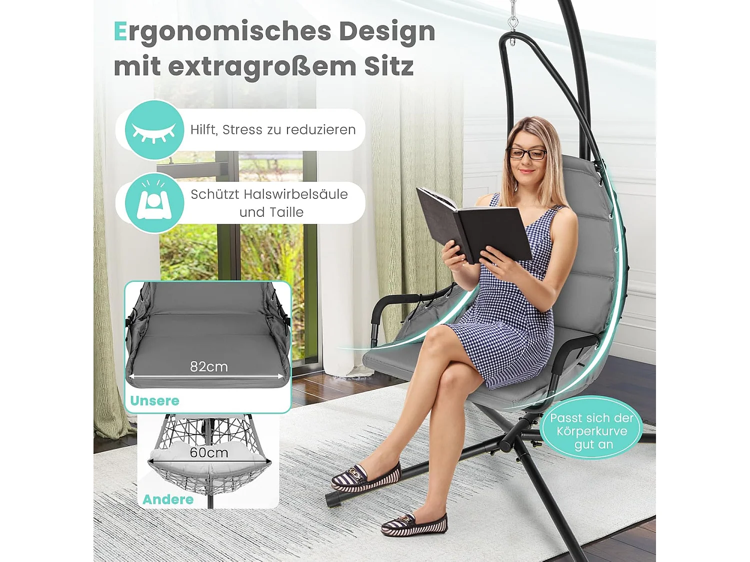 Hangstoel met frame, hangstoel met extra grote gevoerde zitting, hangschommel, voor binnen en buiten (grijs)ZB33548