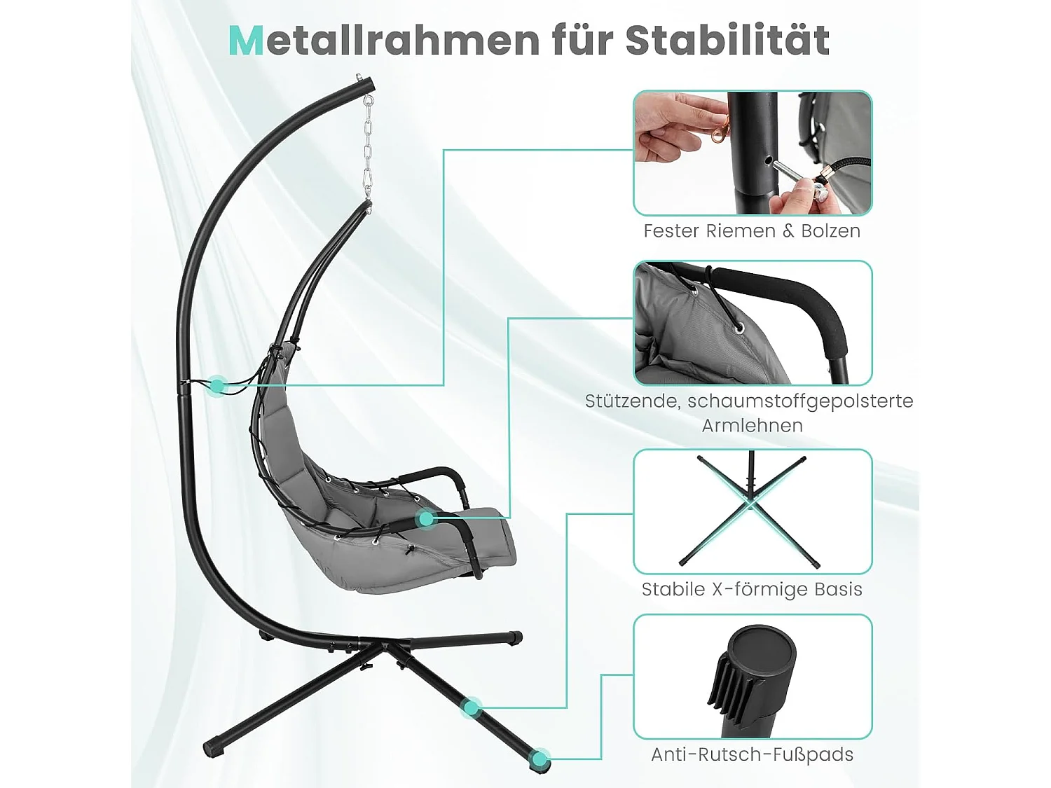 Hangstoel met frame, hangstoel met extra grote gevoerde zitting, hangschommel, voor binnen en buiten (grijs)ZB33548