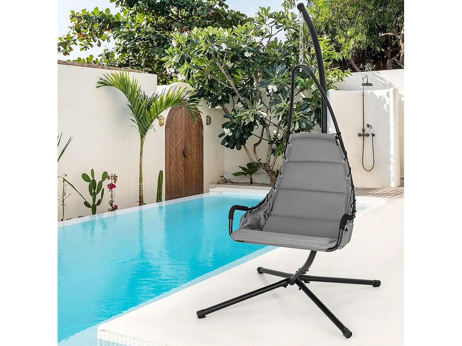 Hangstoel met frame, hangstoel met extra grote gevoerde zitting, hangschommel, voor binnen en buiten (grijs)ZB33548
