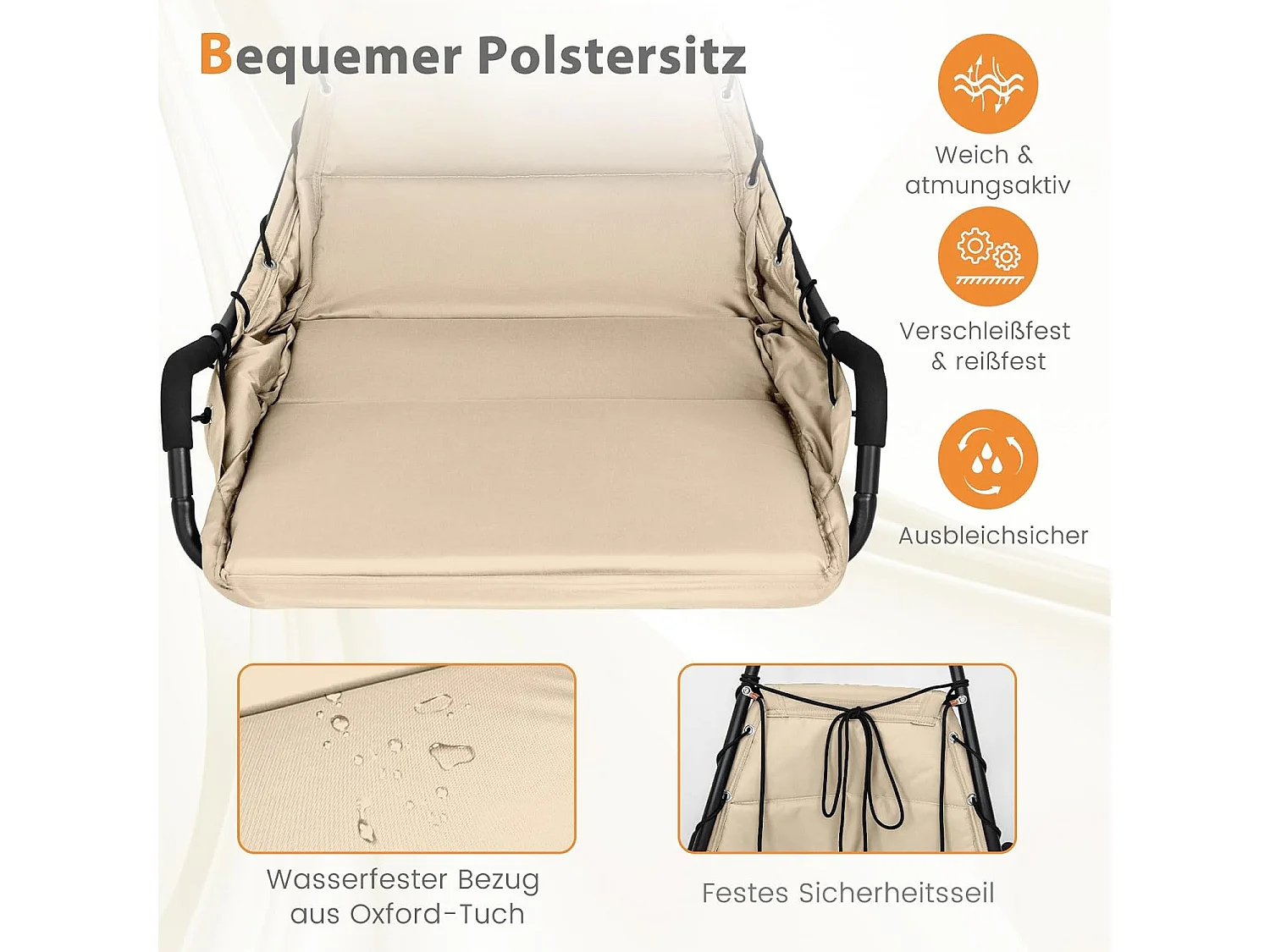 Hangstoel met frame, hangstoel met extra grote gevoerde zitting, hangschommel, voor binnen en buiten (beige)ZB33548