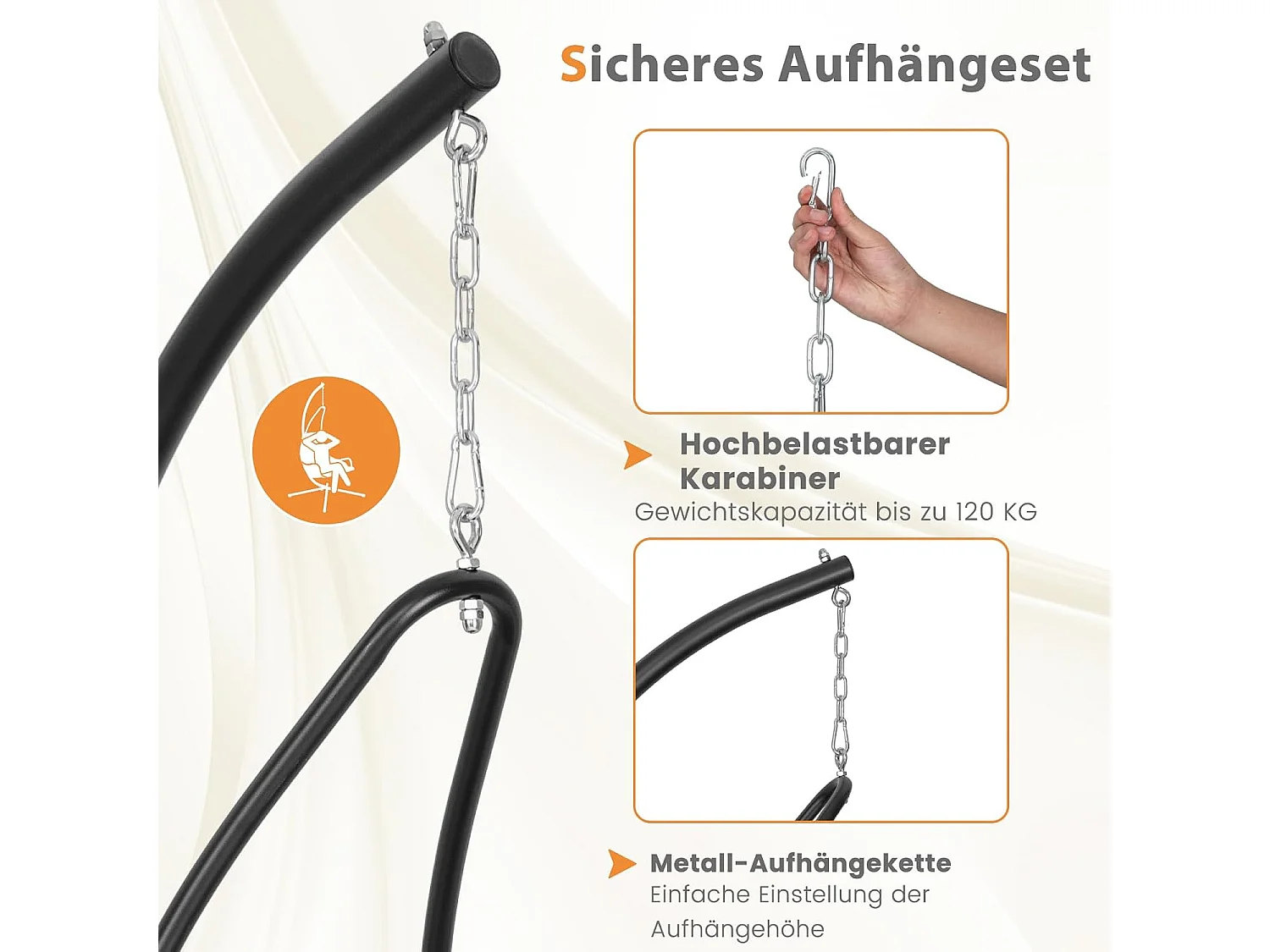 Hangstoel met frame, hangstoel met extra grote gevoerde zitting, hangschommel, voor binnen en buiten (beige)ZB33548