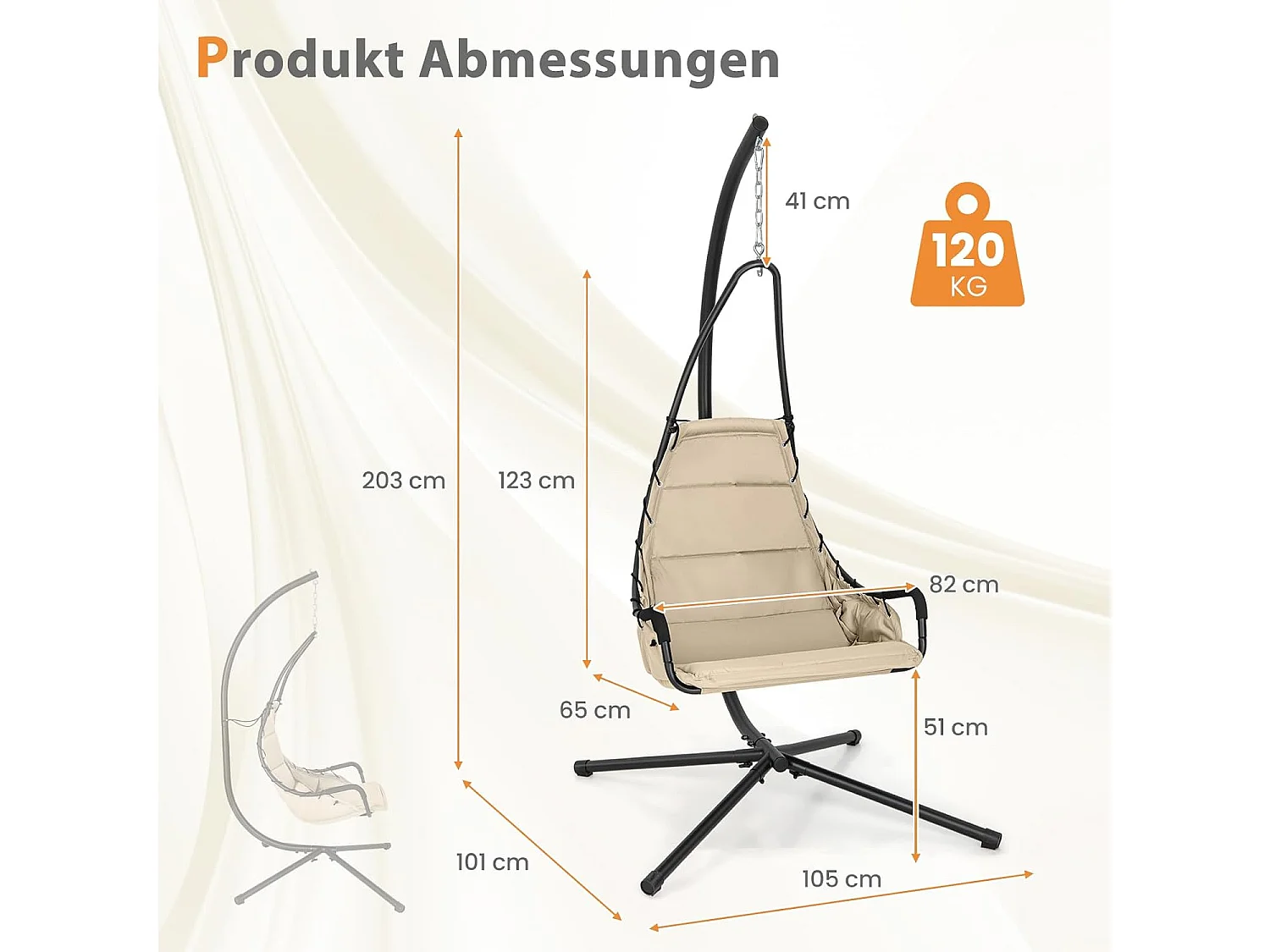 Hangstoel met frame, hangstoel met extra grote gevoerde zitting, hangschommel, voor binnen en buiten (beige)ZB33548