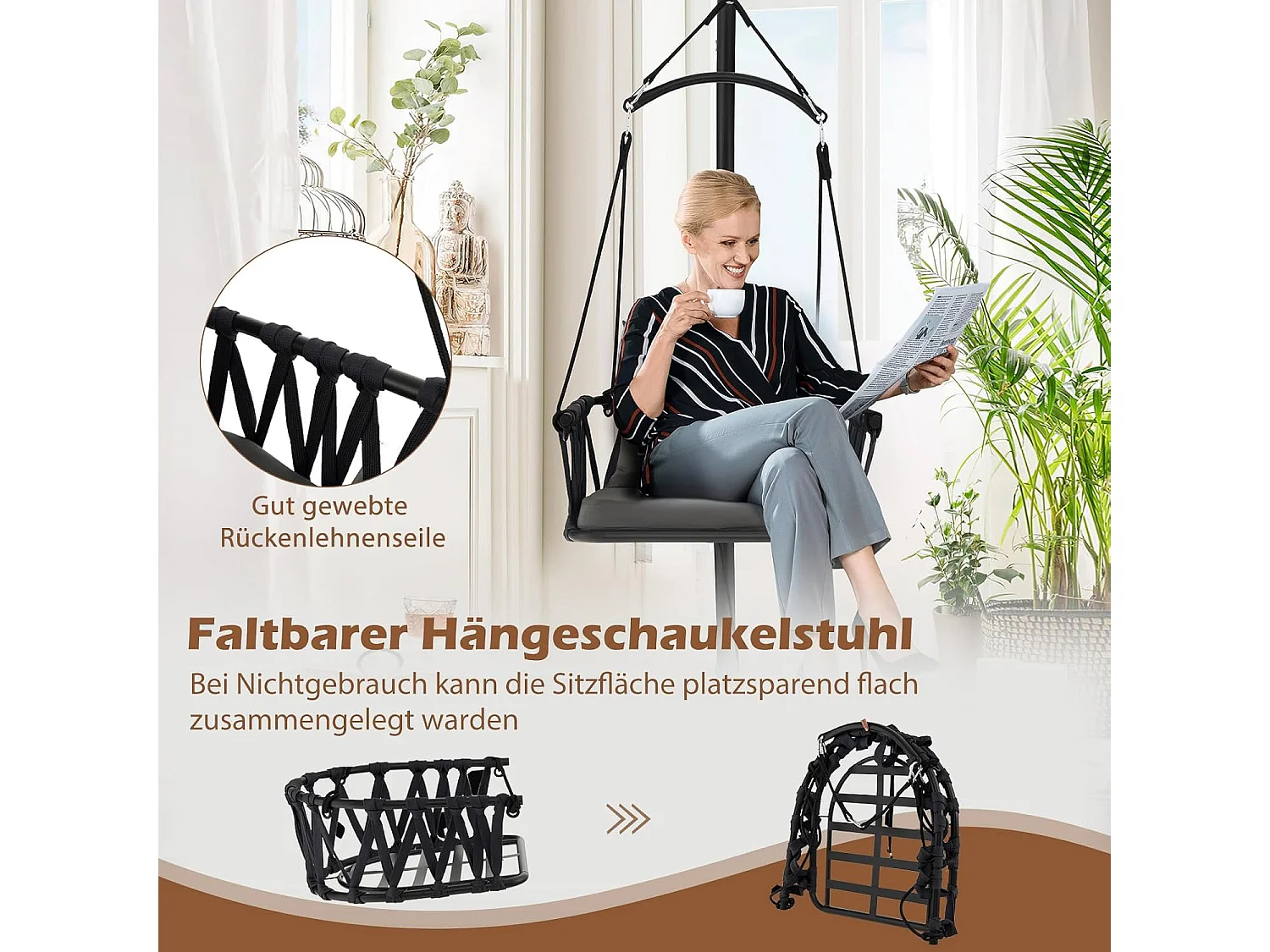 Hangstoel met frame, opvouwbare hangstoel met gezellig zit- en rugkussen, hangschommel met geweven rugleuning, voor binnen en buitenZB33524