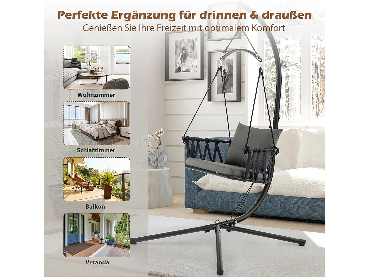 Hangstoel met frame, opvouwbare hangstoel met gezellig zit- en rugkussen, hangschommel met geweven rugleuning, voor binnen en buitenZB33524