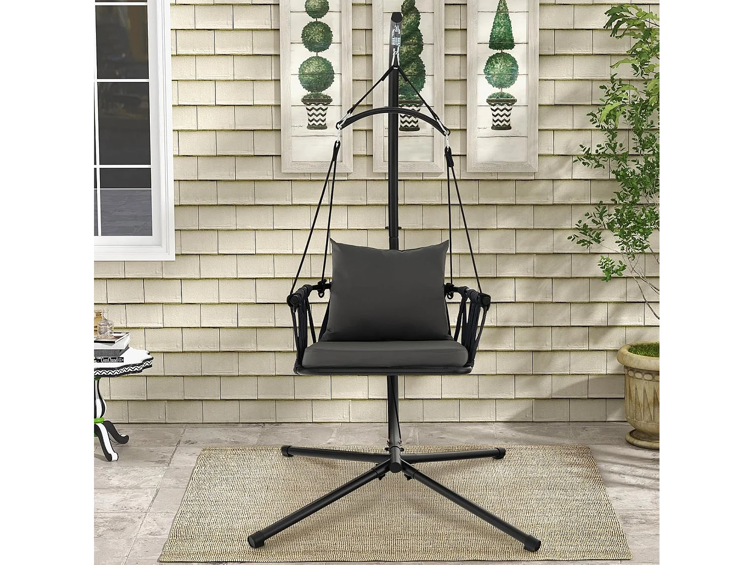 Hangstoel met frame, opvouwbare hangstoel met gezellig zit- en rugkussen, hangschommel met geweven rugleuning, voor binnen en buitenZB33524