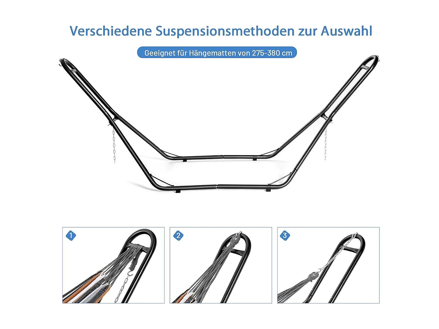 Hangmatstandaard, metaal, hangmatstandaard voor hangmatten van 2,75 m tot 3,6 m, hangmathouder 150 kg draagkracht (alleen frame)