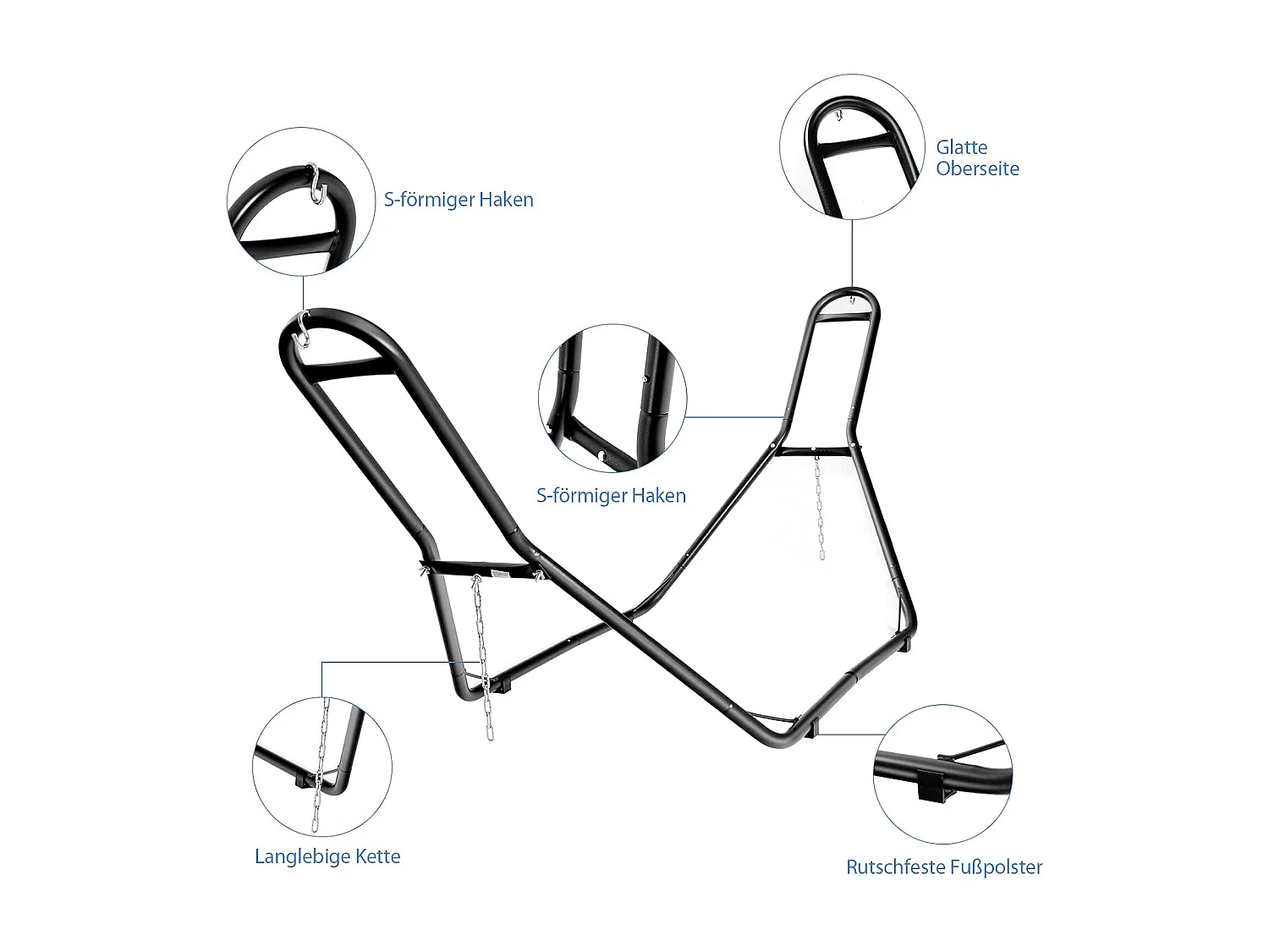 Hangmatstandaard, metaal, hangmatstandaard voor hangmatten van 2,75 m tot 3,6 m, hangmathouder 150 kg draagkracht (alleen frame)