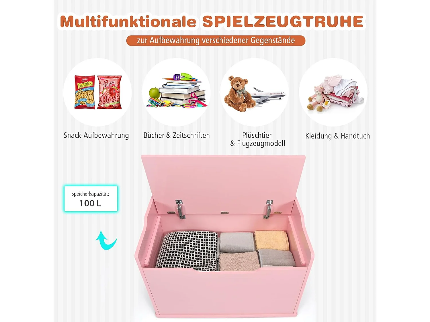 Speelgoedkist met deksel, 2-in-1 speelgoedkist met kussen, houten speelgoedkast met handgrepen, speelgoedopslag voor kinderkamer 74 x 39 x 52 cm (roze)TI88811