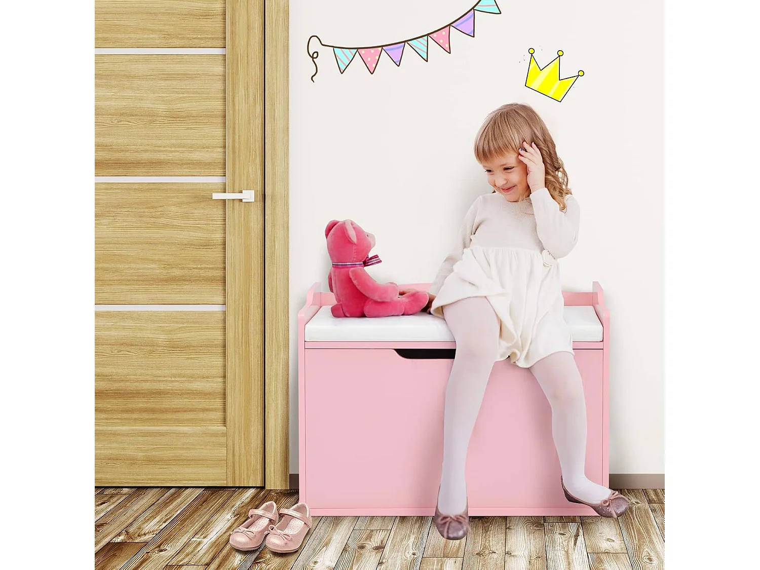 Speelgoedkist met deksel, 2-in-1 speelgoedkist met kussen, houten speelgoedkast met handgrepen, speelgoedopslag voor kinderkamer 74 x 39 x 52 cm (roze)TI88811