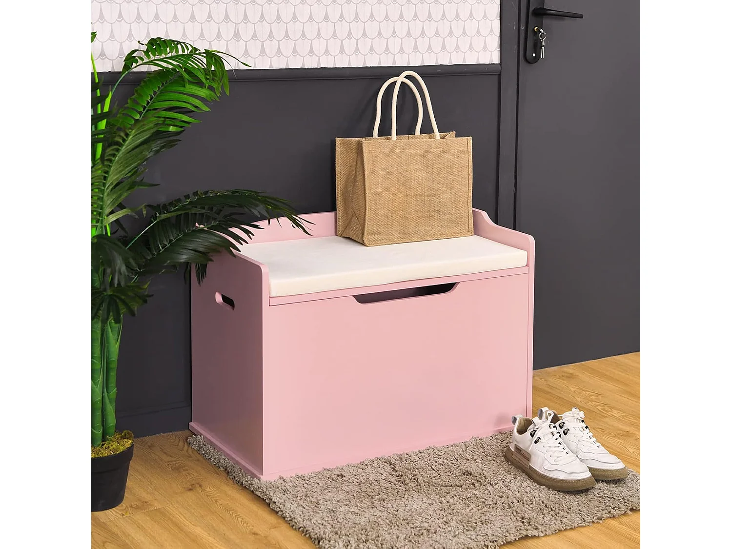 Speelgoedkist met deksel, 2-in-1 speelgoedkist met kussen, houten speelgoedkast met handgrepen, speelgoedopslag voor kinderkamer 74 x 39 x 52 cm (roze)TI88811