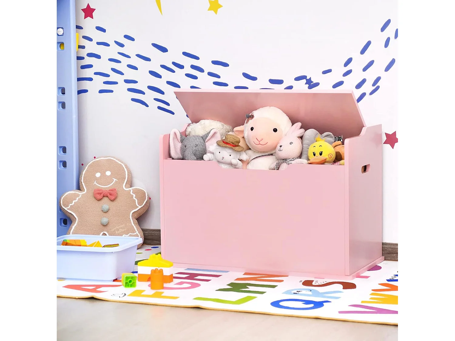 Speelgoedkist met deksel, 2-in-1 speelgoedkist met kussen, houten speelgoedkast met handgrepen, speelgoedopslag voor kinderkamer 74 x 39 x 52 cm (roze)TI88811