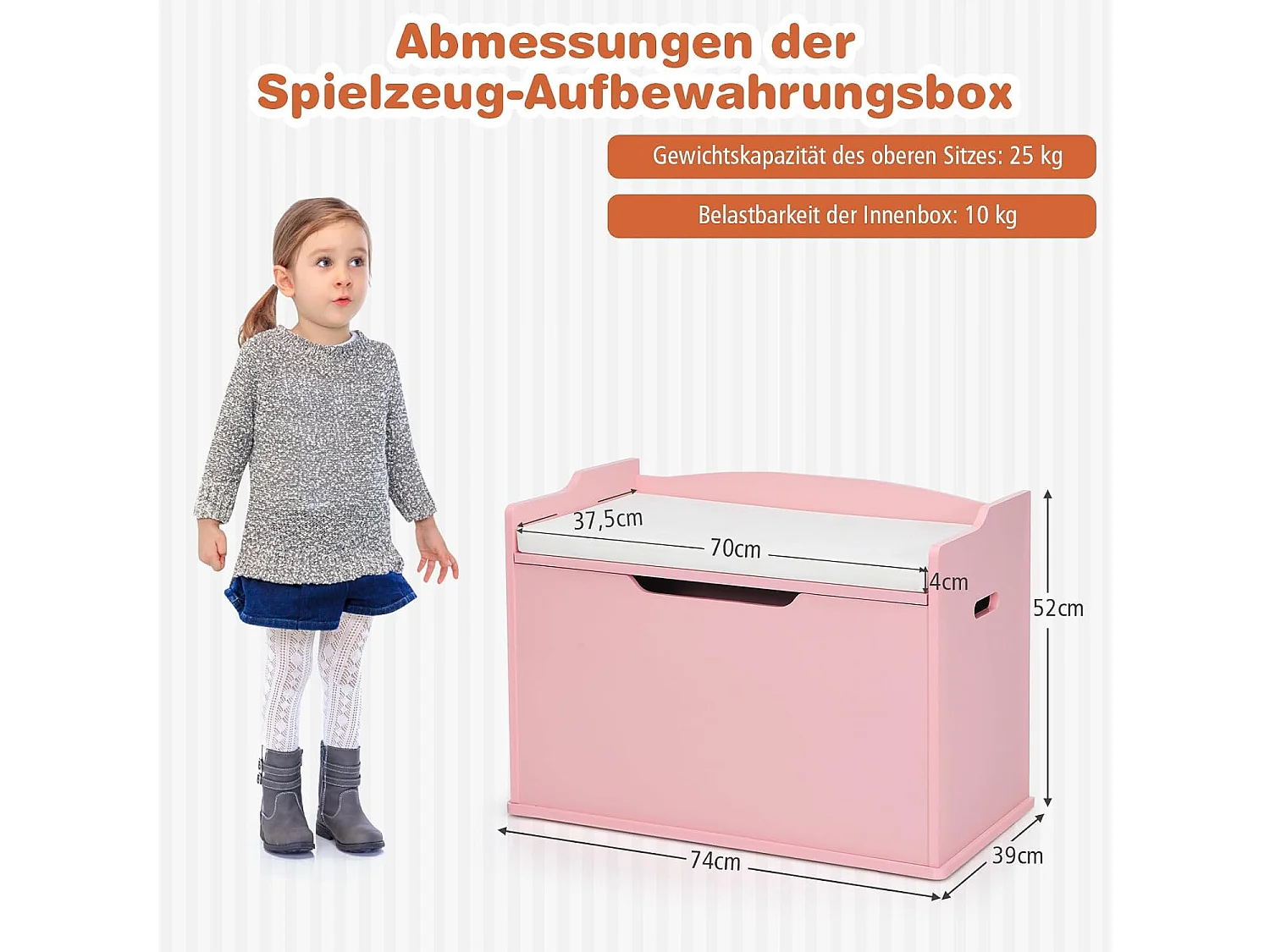 Speelgoedkist met deksel, 2-in-1 speelgoedkist met kussen, houten speelgoedkast met handgrepen, speelgoedopslag voor kinderkamer 74 x 39 x 52 cm (roze)TI88811